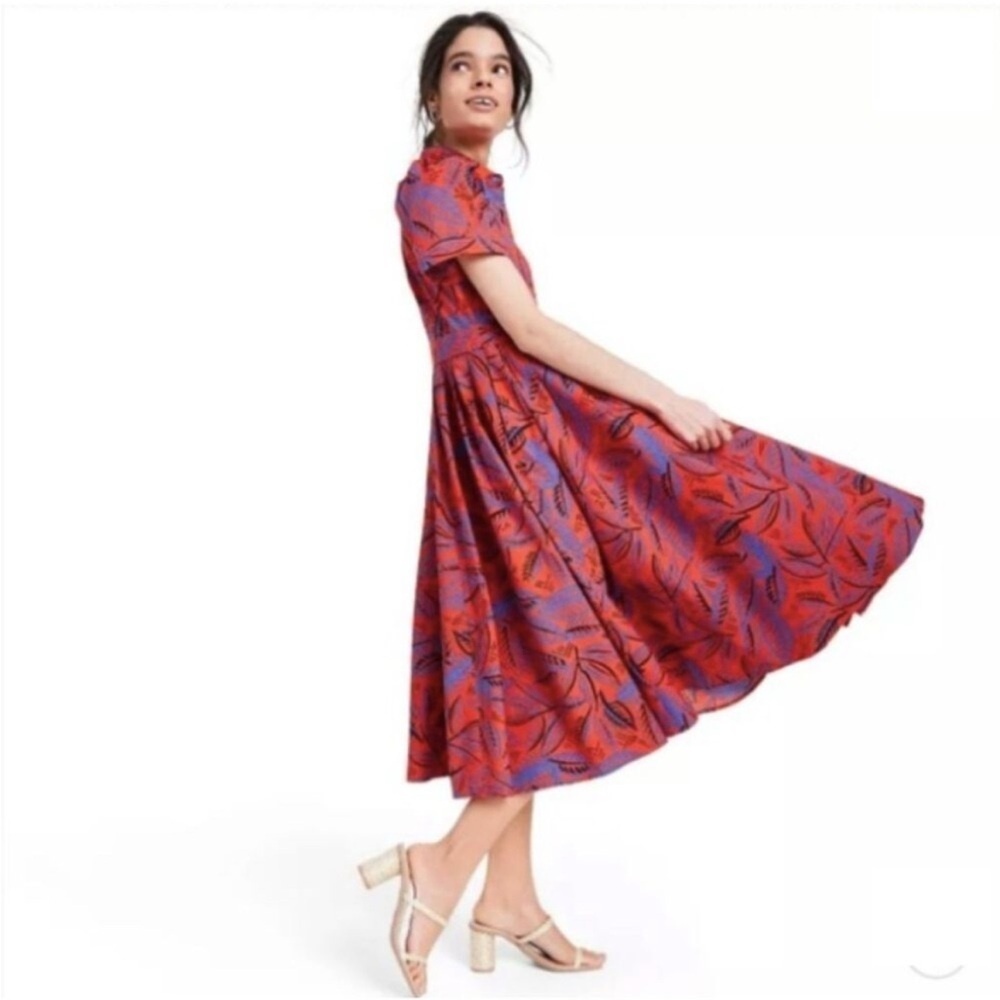 Alexis X Target Midi Shirtdress, sz Medium. Tropical leaf red orange dress fern